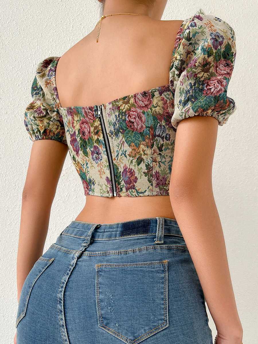 Maglietta da donna Top corto estivo da donna Camicetta attillata floreale vintage con scollo a V profondo e manica corta a palloncino con cerniera posteriore donna