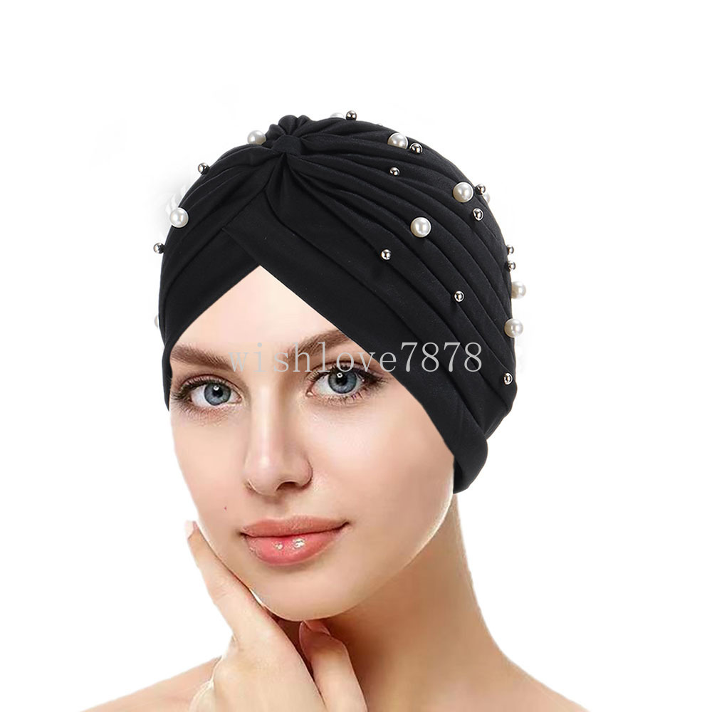 Mulheres muçulmanas pérola miçangas elástico turbante chapéu câncer cabeça envoltório algodão torção quimio gorro hijab headwear lenço de cabeça