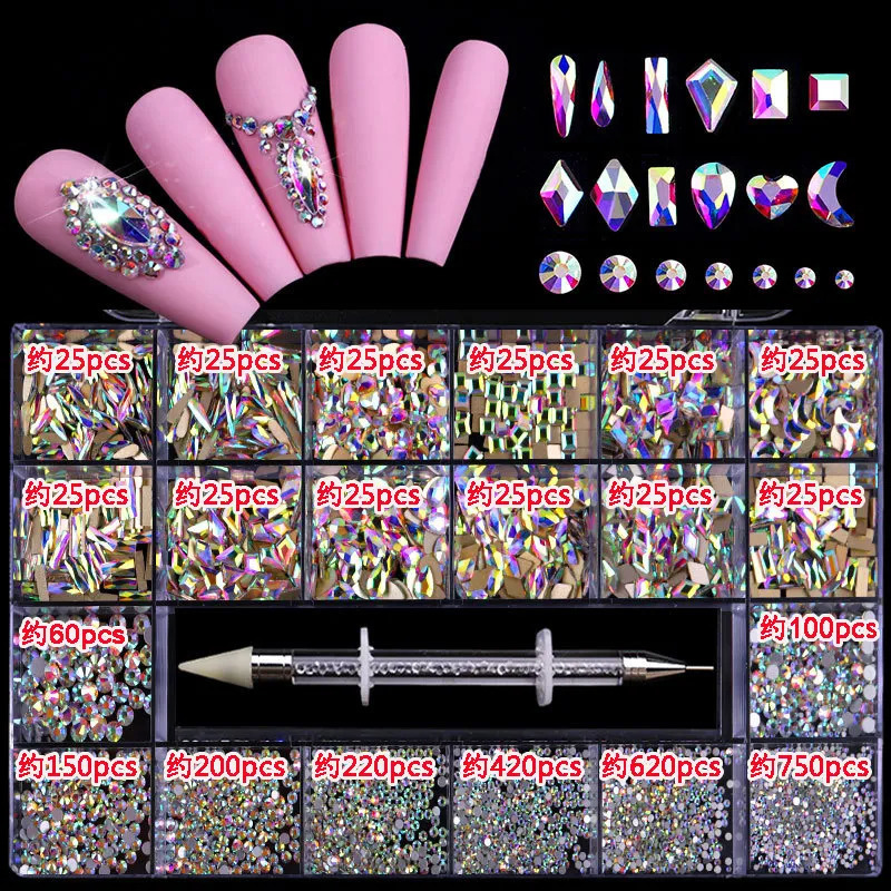 Nail Art Decorations AB Glass Crystal Diamond Flat s Decoration 21 Grid Box Nails Accessories Set With 1 Pick Up Pen 231012