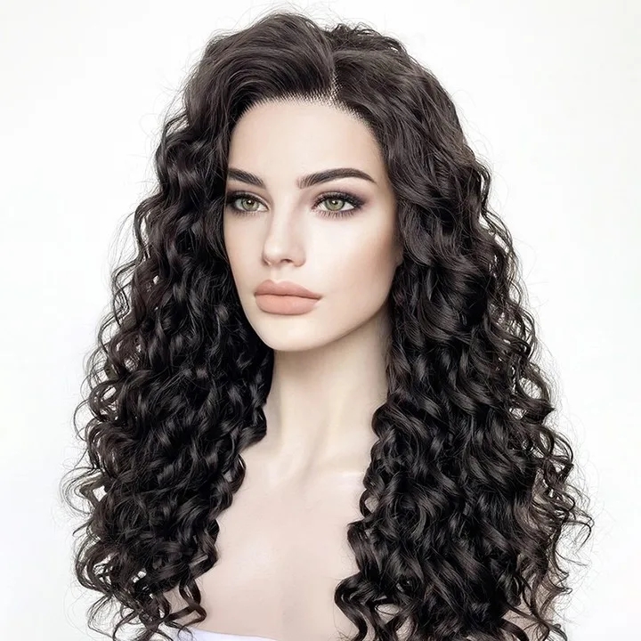 Glueless 180dencity Loose Deep Wave Lace Front Synthetic Hair Wigs for Women＃2 Dark Brown Lolita Easy Daily Wear Natural Wigs