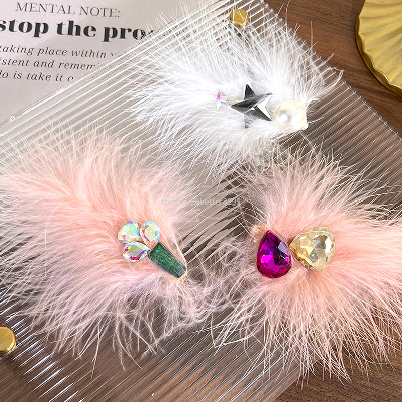 Sweet Fashion Colorful Rhinestone Feather Hairpin Side Clip Headwear For Women Sweet Duckbill Clip Headdress Hair Jewelry