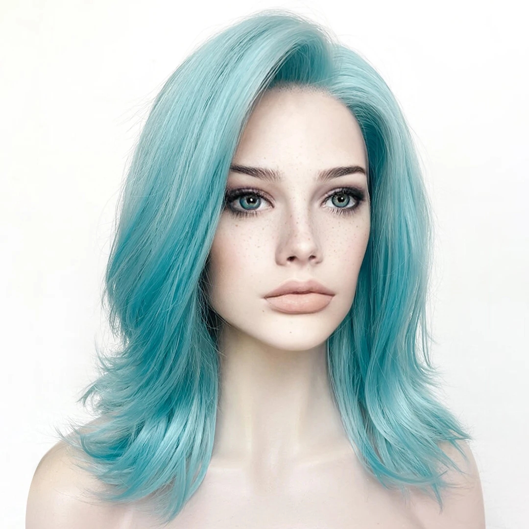 Himmelblaue blonde kurze Bob-Perücke aus synthetischer Hochtemperaturfaser mit Spitzenfront, leimlos, 180 Dichte, Bob-Schnitt, transparente Spitzenperücken