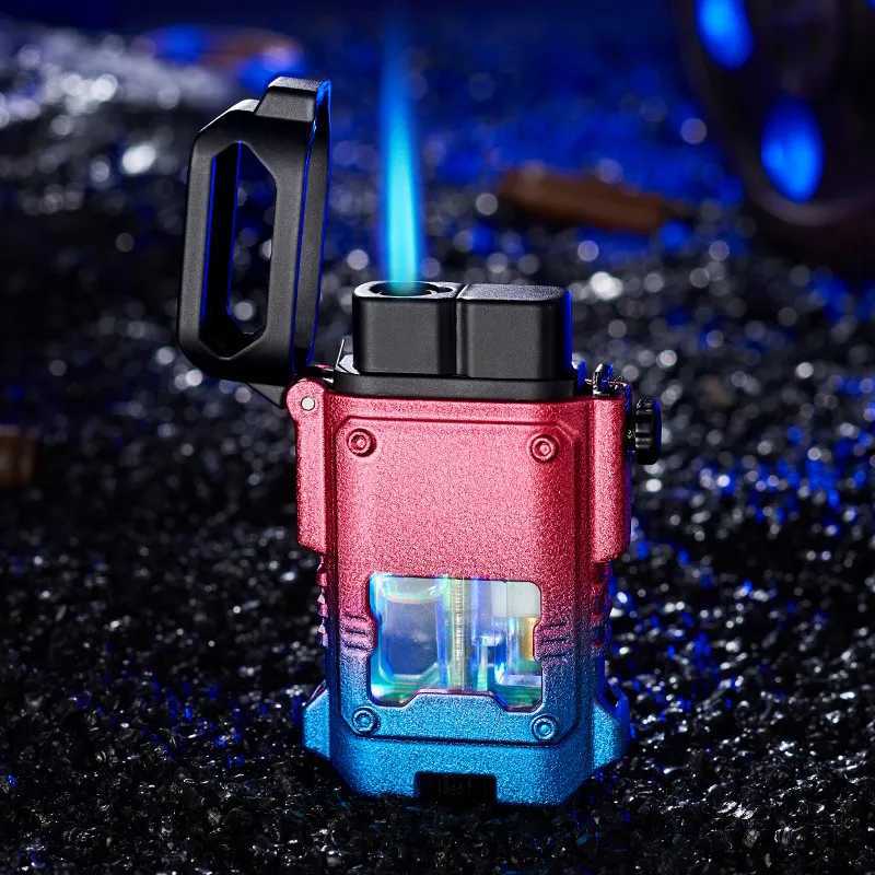 Tändare Creative Metal Outdoor Windproof Butane Turbine Torch Lighter Mechanical Design Blue Flame Jet Essential Gift for Men