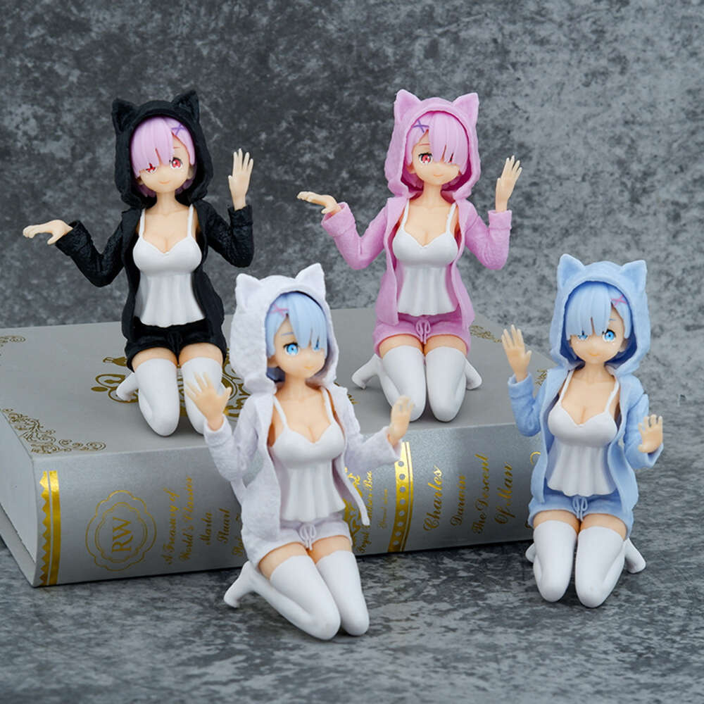 Mascot Costumes 11.5cm Anime Figure Re:life in A Different World From Zero Rem and Ram Kneeling Cat Pullover Coat Model Dolls Toy Gift Collect