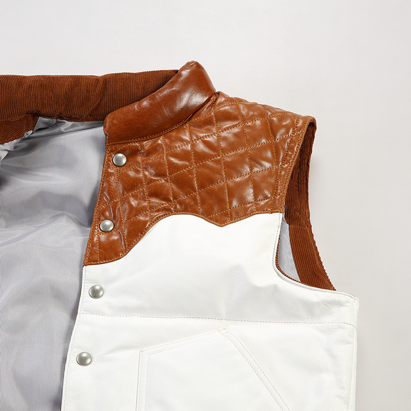 Matching color casual leather down jacket Oil waxed cowhide vest Inside 200g white duck down