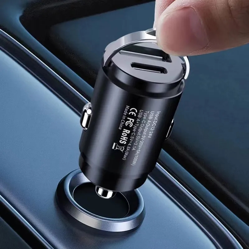 Mini chargeur de voiture USB type-c 100W PD QC3.0, charge rapide, anneau de traction, adaptateur de chargeur de téléphone de voiture pour iPhone 15 14 13 12 Samsung S23 Moto LG