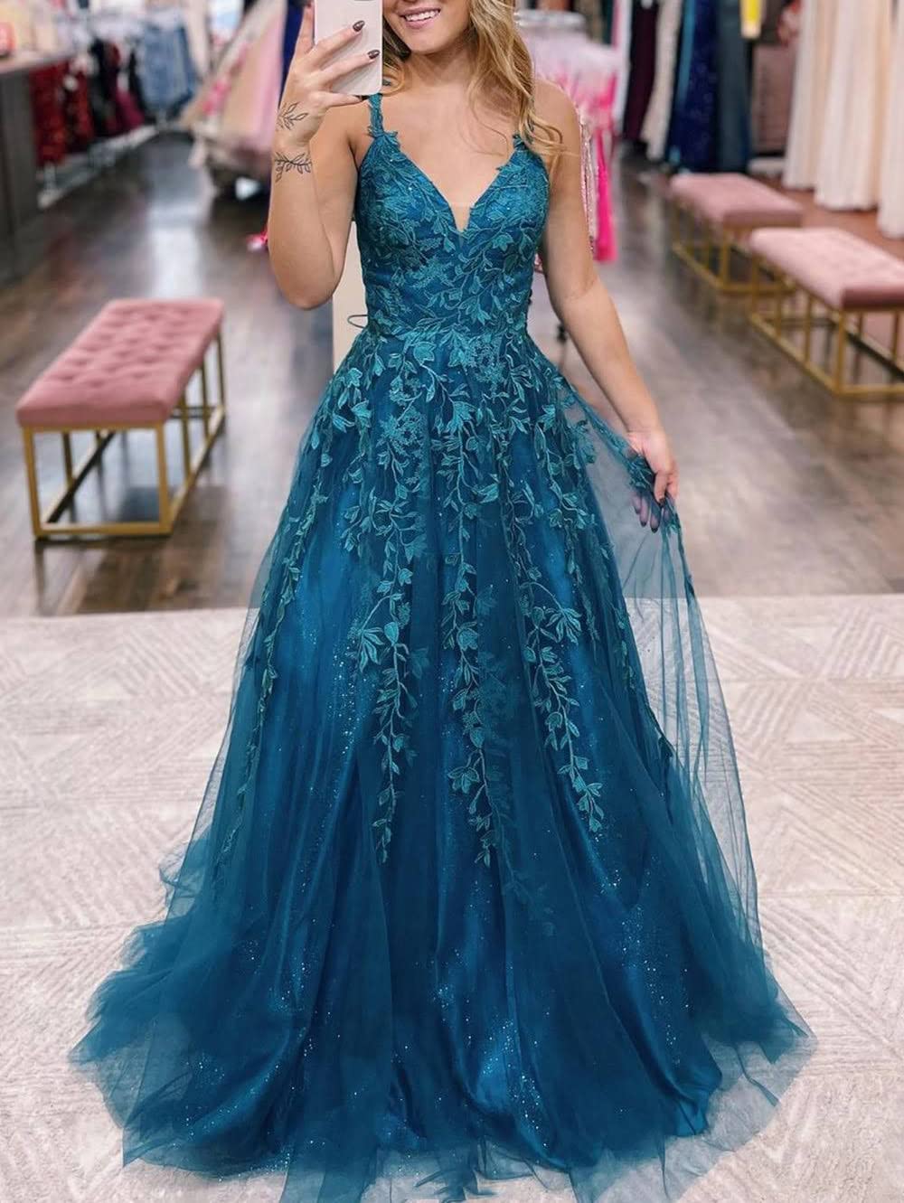 Glitter Tulle Prom Dresses Women Lace Appliques Long Ball Gwons with Spaghetti Straps A-Line Evening Dresses