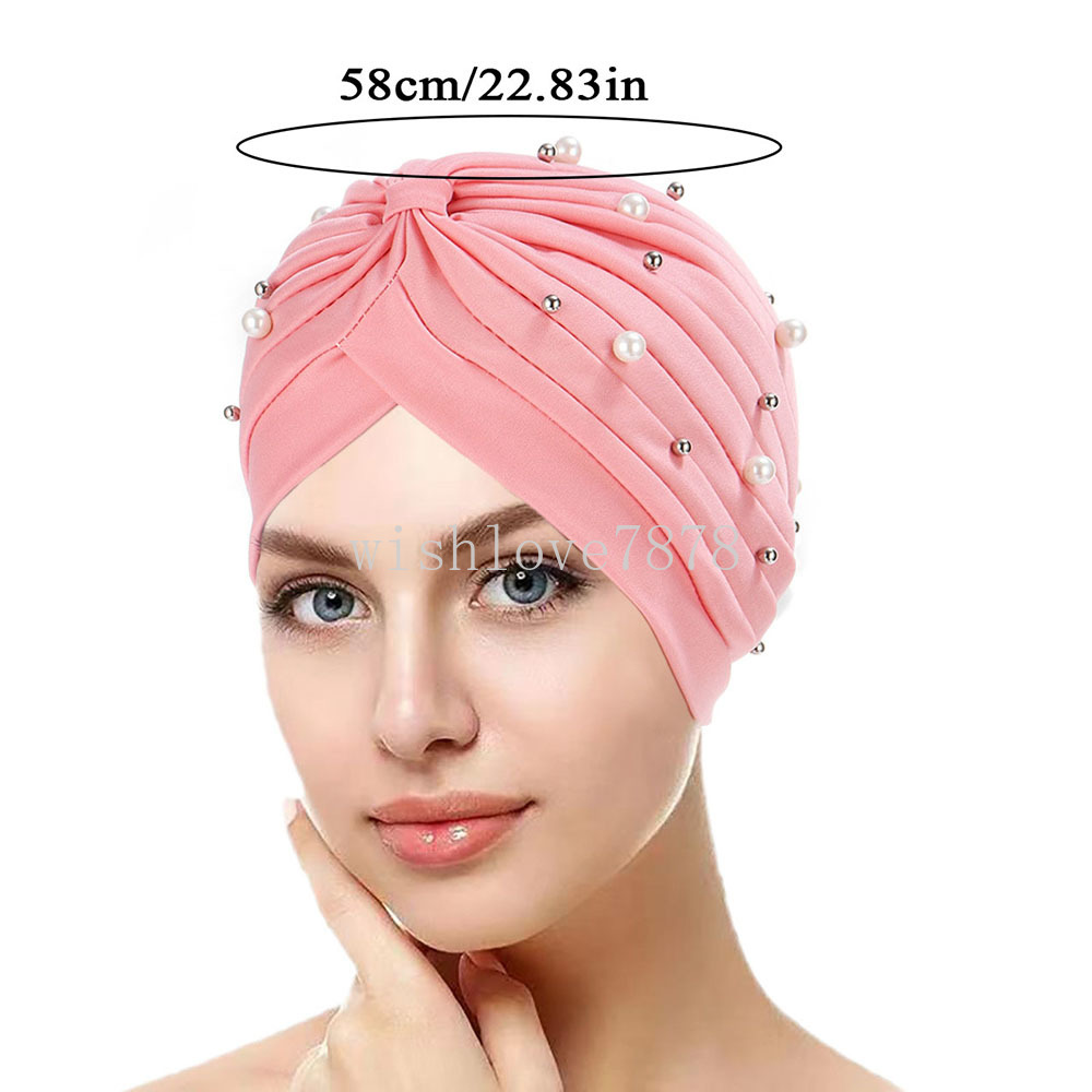 Muslim Women Pearl Beading Elastic Turban Hat Cancer Cap Head Wrap Cotton Twist Chemo Cap Beanie Hijab Headwear Head Scarf