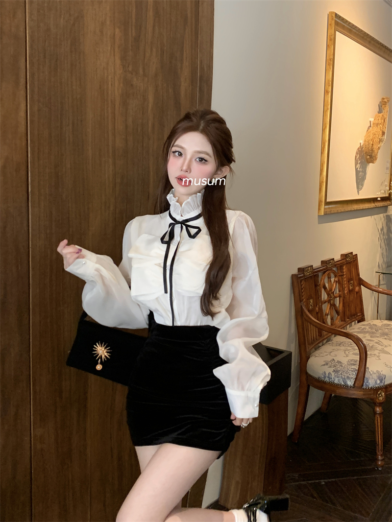 Весенняя модная дизайнерская женская блузка с длинными рукавами и воротником-стойкой в стиле ретро, королевский стиль, шифоновая рубашка с кружевными заплатками и оборками