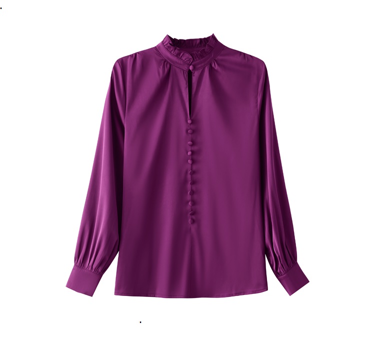 Purple Satin Blouses for Women Designer Lantern Sleeve Vintage Silk Blouse Office Ladies Versatile Solid Tops 2023 Autumn Winter Ruffles Stand Collar Runway Top