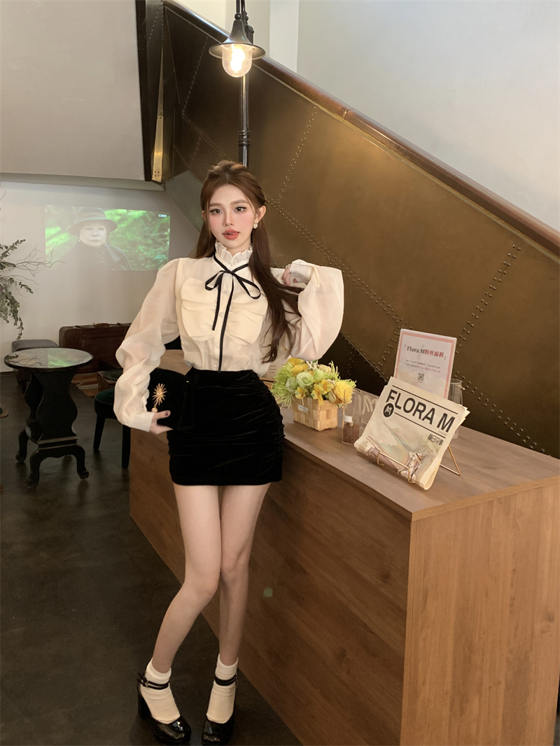 Весенняя модная дизайнерская женская блузка с длинными рукавами и воротником-стойкой в стиле ретро, королевский стиль, шифоновая рубашка с кружевными заплатками и оборками