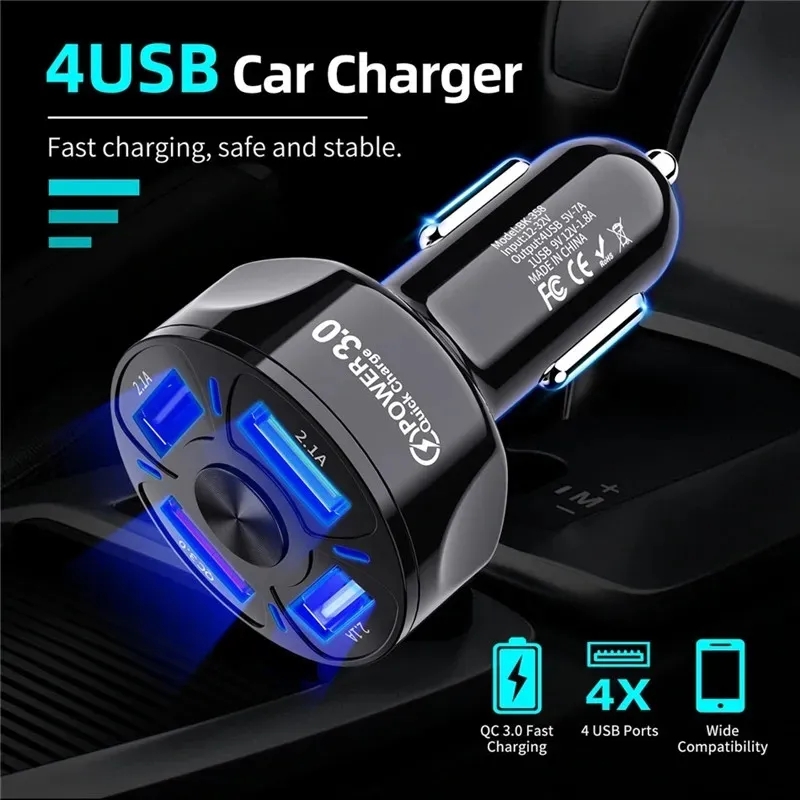 4 Port USB Car Charger 48W Quick 7A Fast Charging QC3.0 Phone Charger For iPhone 15 14 Samsung Xiaomi PC Tablet