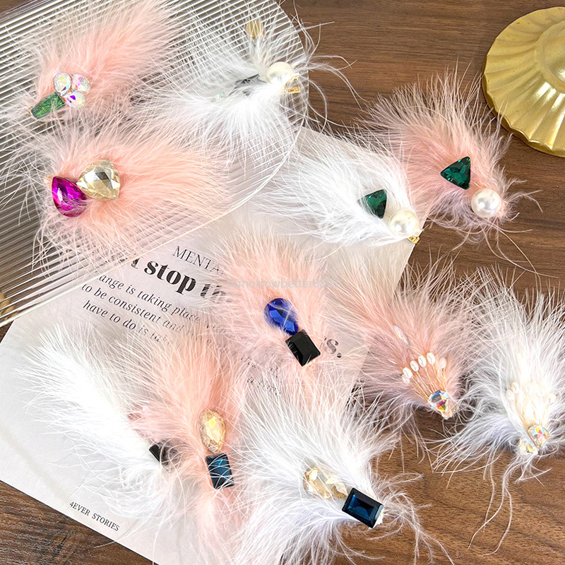 Sweet Fashion Colorful Rhinestone Feather Hairpin Side Clip Headwear For Women Sweet Duckbill Clip Headdress Hair Jewelry