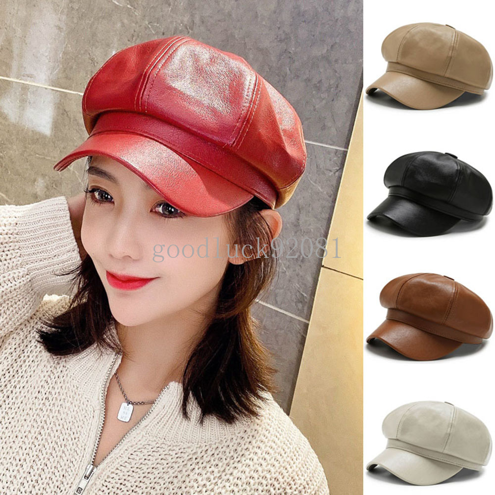 Vintage Unisex PU Leather Beret Caps Spring Autumn Hats For Women Men Black Flat Top Captain Cap Travel Cadet Hat