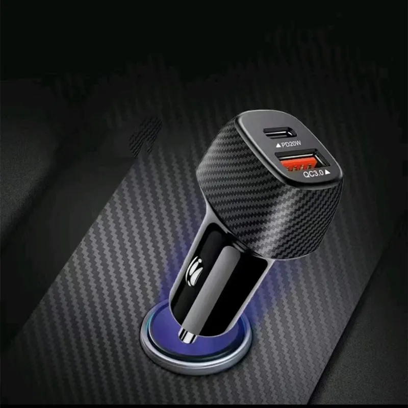 Carbon Fibre QC 3.0 Car Chargers 20W PD USB Type C Fast Charge Charger Auto Power Chargers For Samsung s23 iPhone 15 14 13 Xiaomi Android