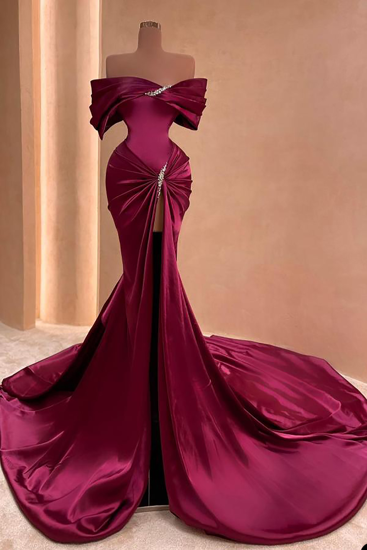 Elegant Mermaid Prom Dresses Off the Shoulder Beads Satin Front Split Pleats Backless Chapel Gown Backless Plus Size Custom Made Party Dress Vestido De Noite