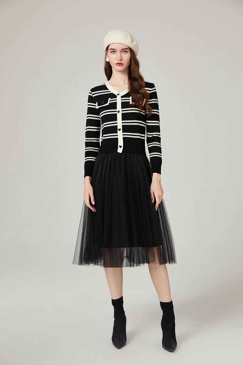 Basic Casual Dresses Autumn Winter Striped Knitted Sweater Dress Runway Women V Neck Long Sleeve Heart Button Elastic Patchwork Mesh Long Dress 2024