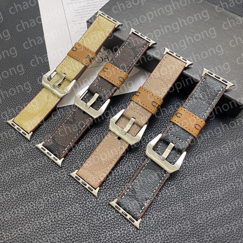 Designer de couro genuíno Apple Watch Bands 49mm para Apple Watch Straps 38mm 40mm 41mm 42MM 44mm 45MM iWatch 9 4 5 SE 6 7 Series Bandas Moda Marca Imprimir Carta Pulseira