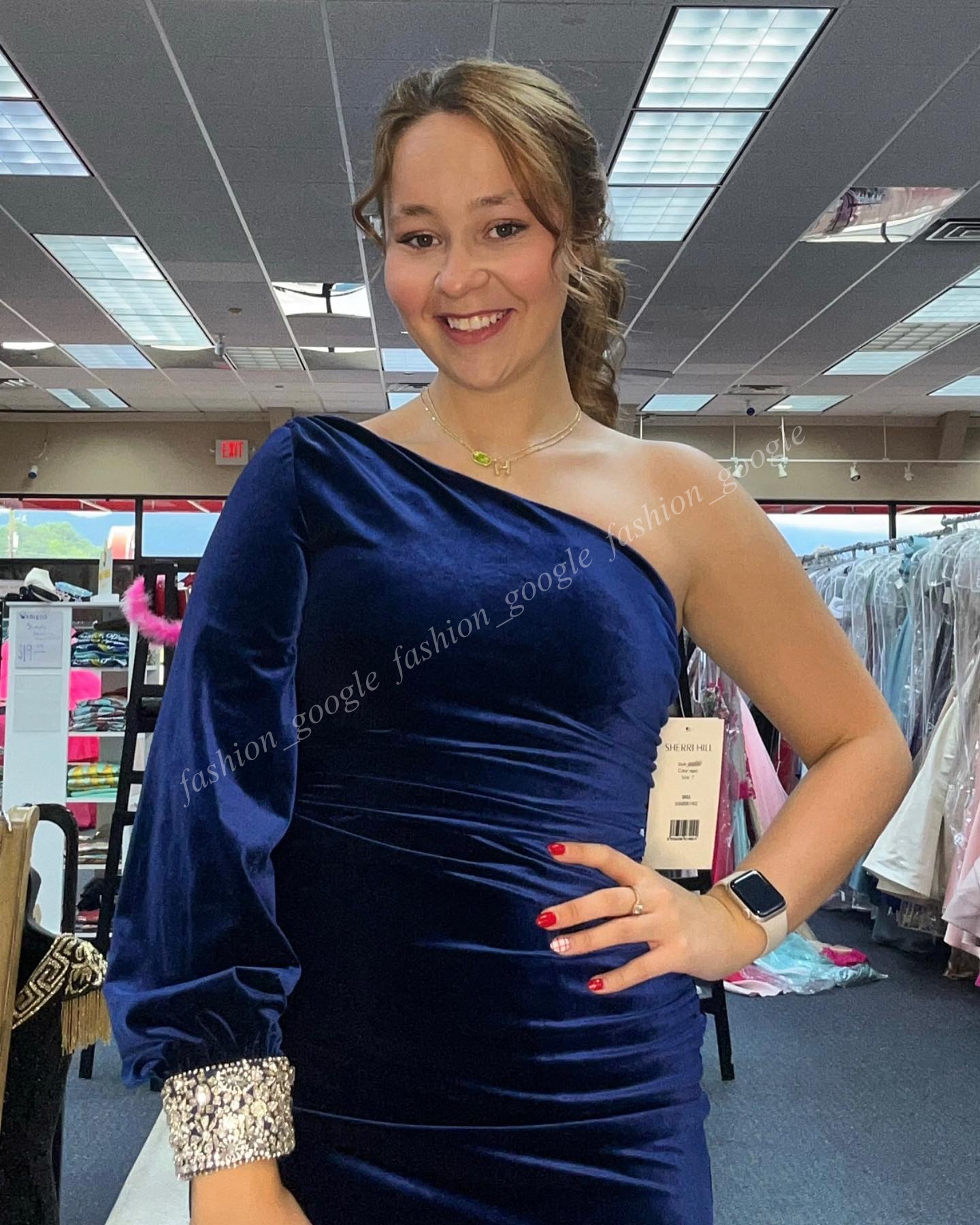 Semi Formal Dress 2k24 One-Shoulder Bishop Sleeve Fitted Ruched Velvet Lady Pageant Prom Evening Cocktail Party Hoco Gown Runway Gala Black-Tie NYE Beaded Cuff Navy