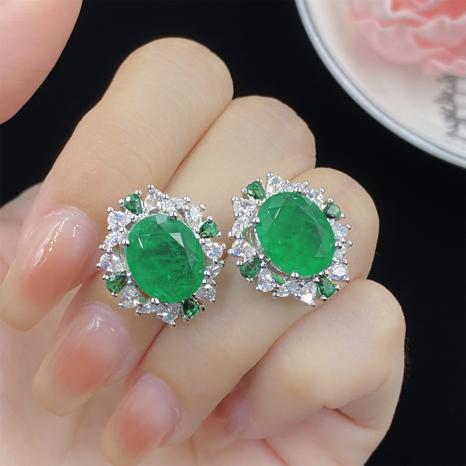 Moda feminina conjunto de jóias de casamento imitação esmeralda turmalina verde cristal zircão diamante anel aberto pingente colar brinco studs presente de festa