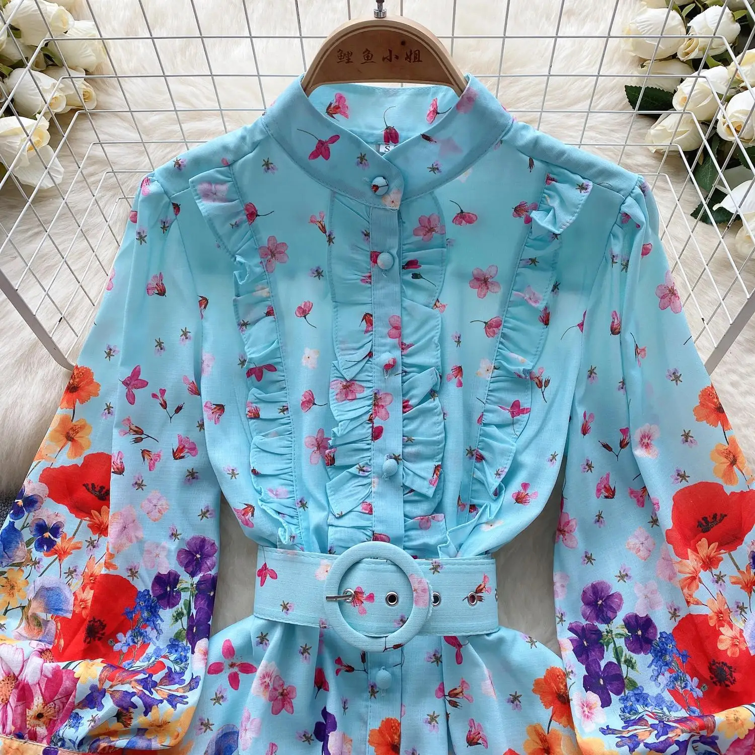 Robes décontractées de base 2024 A Line Runway Designer Coton Lin Mini Robe Femmes Stand Lanterne Manches Simple Boutonnage Floral Ceinture Vacances Boho Robes