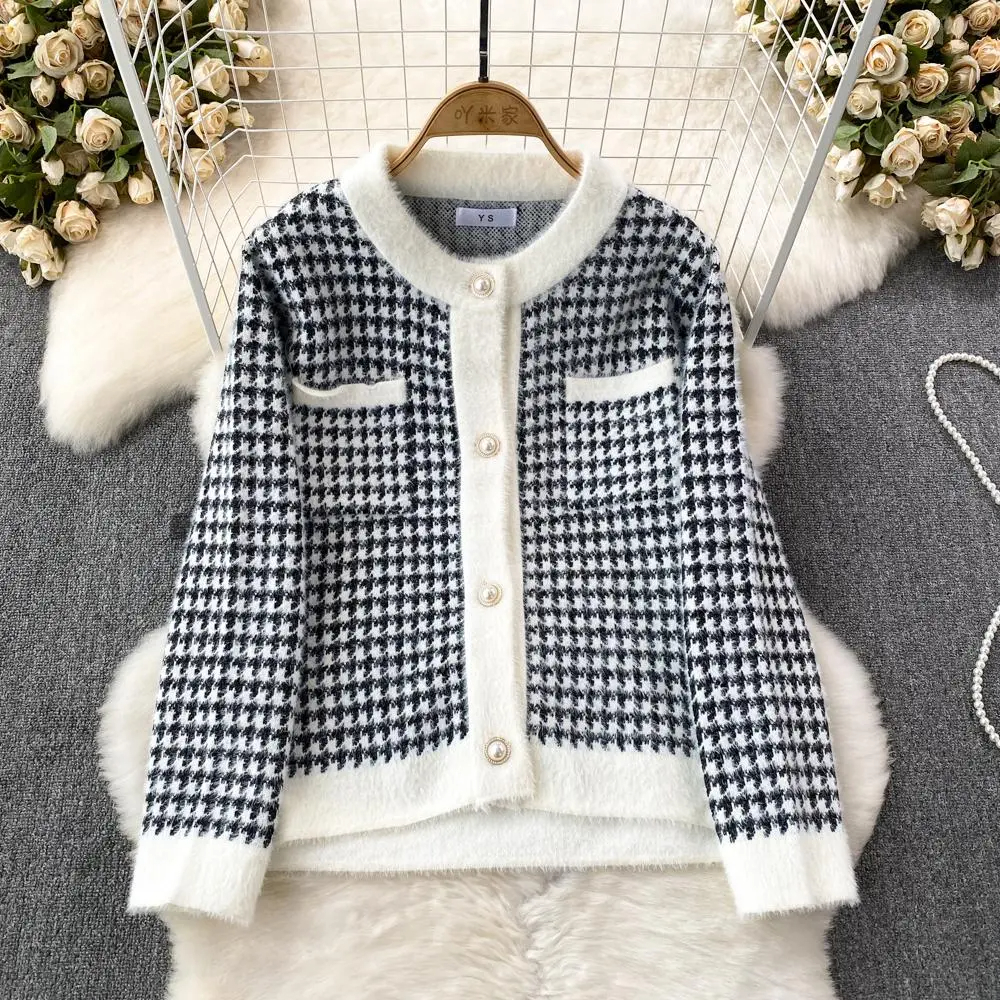 Two Piece Dress Women Knitted Skirt Suit Winter Autumn Office Lady Elegant Houndstooth Crew Neck Cardigans High Waist Pencil Skirts Sets 2024