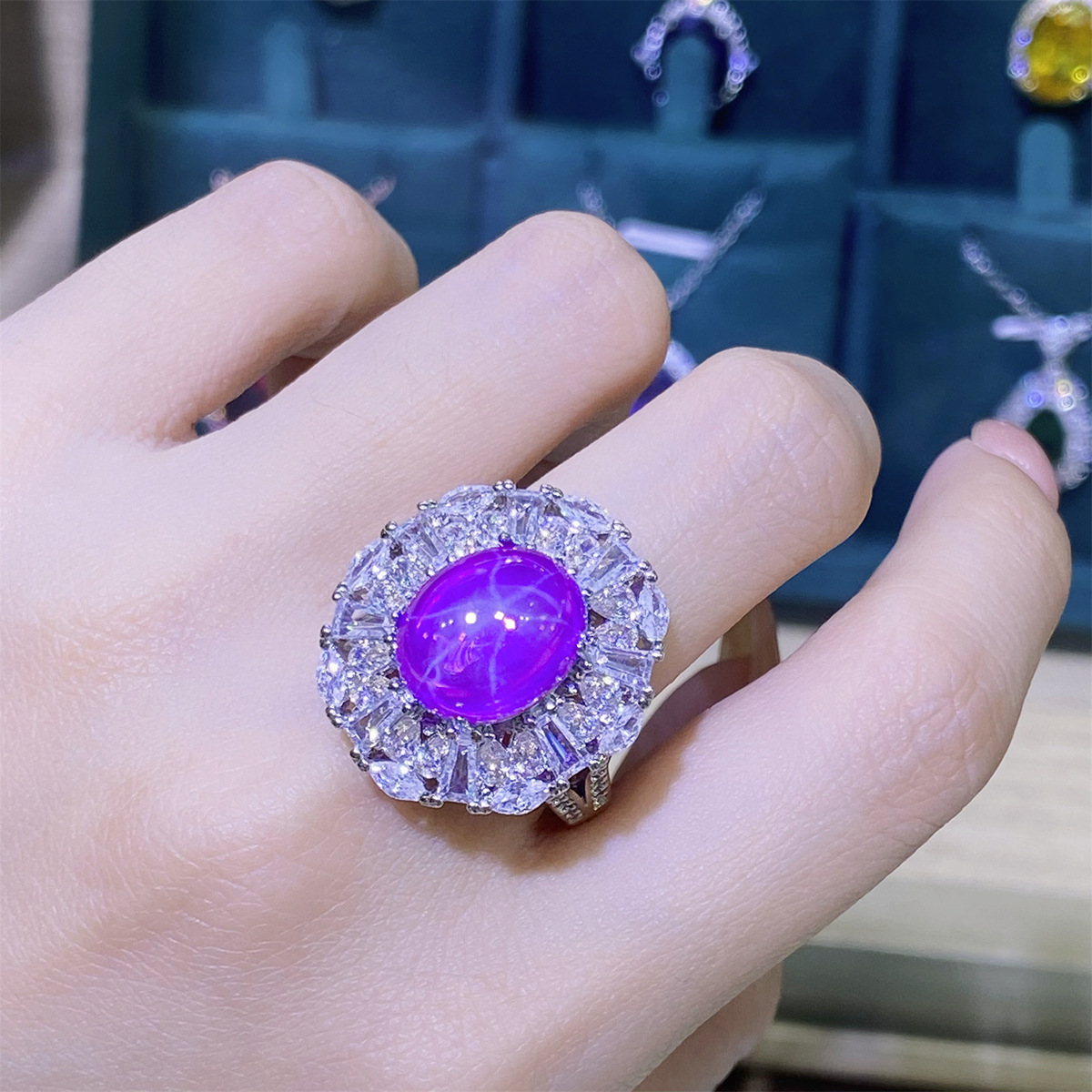 Jóias feminino anel de casamento roxo starlight pombo ovo imitação ametista cheio diamante abertura anel festa aniversário presente ajustável