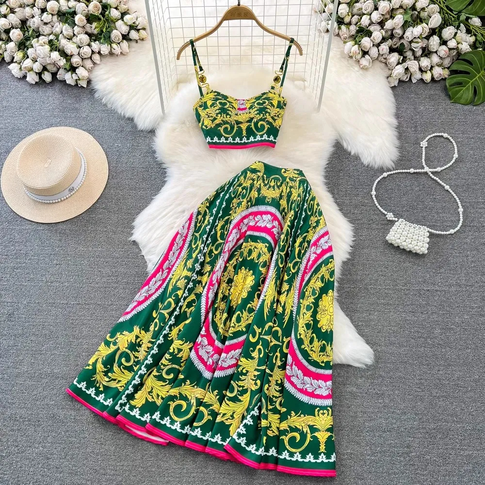 Two Piece Dress Designer Runway Fashion Sexy Two Piece Set Spaghetti Strap Cup Padded Short Top Vintage Print Long Skirt Suit Women New Summer 2024