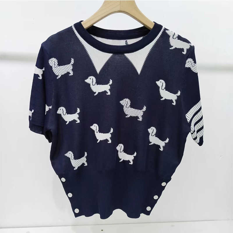 22nd Summer New TB British Dog Jacquard Four Bar Split Knit Pullover Top de manga curta para mulheres