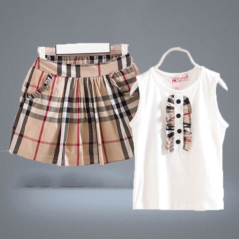 BambiniSummer Girls Lace Sleeveveless Tshirts Plaid A Skirt Abito bambini Designer ClodeSize100140CM5223709