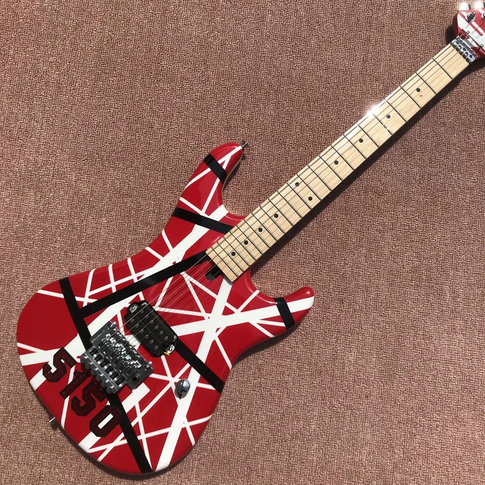 Edward Van Halen 5150 Electric Guitar, White Stripe, Red, Floyd Rose, Tremolo Bridge, Maple Neck and Fingerboard, uppgraderad