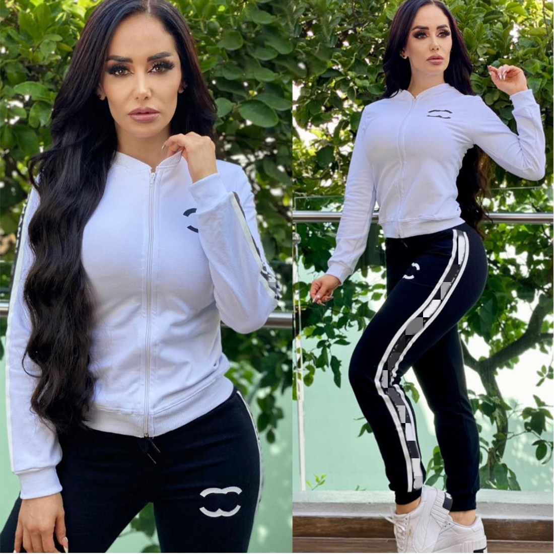 2023 Sporty Two Piece Pants Tracksuit Women Casual Print Jacket och Sweatpants sätter gratis fartyg