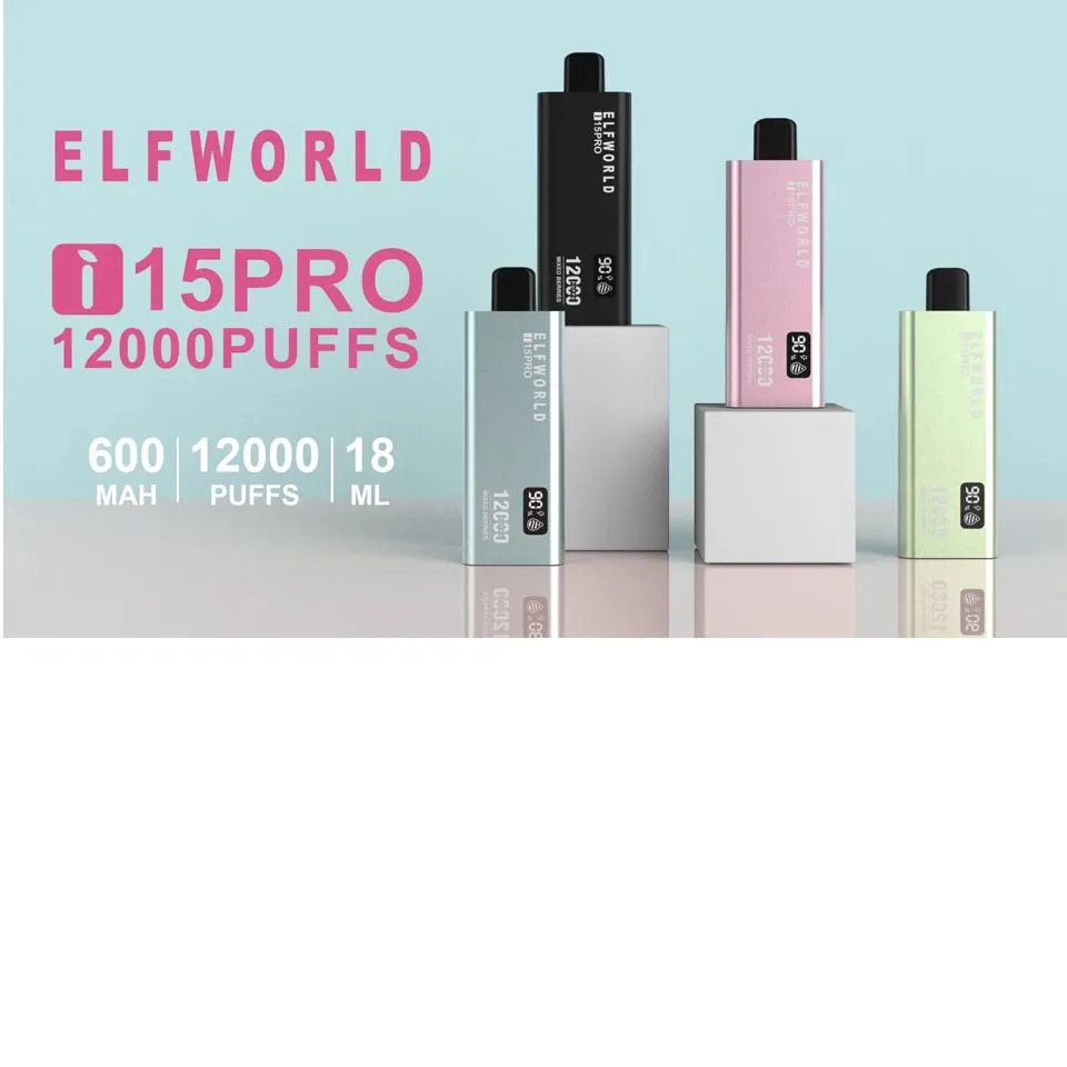 Elfworld i15Pro 12000puffs 18ML of E-liquid Mesh Coil 10 Flavors Available Integrated 600Mah Battery Type C charger Crazvapes