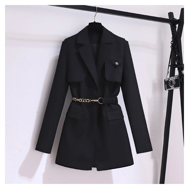 Women Outerwear Jackets Women Clothing Autumn Winter Office Ladies Elegant Solid Jacket Coat Women Long Sleeve High Waist Metal Belt Blazer Outerwear 2024