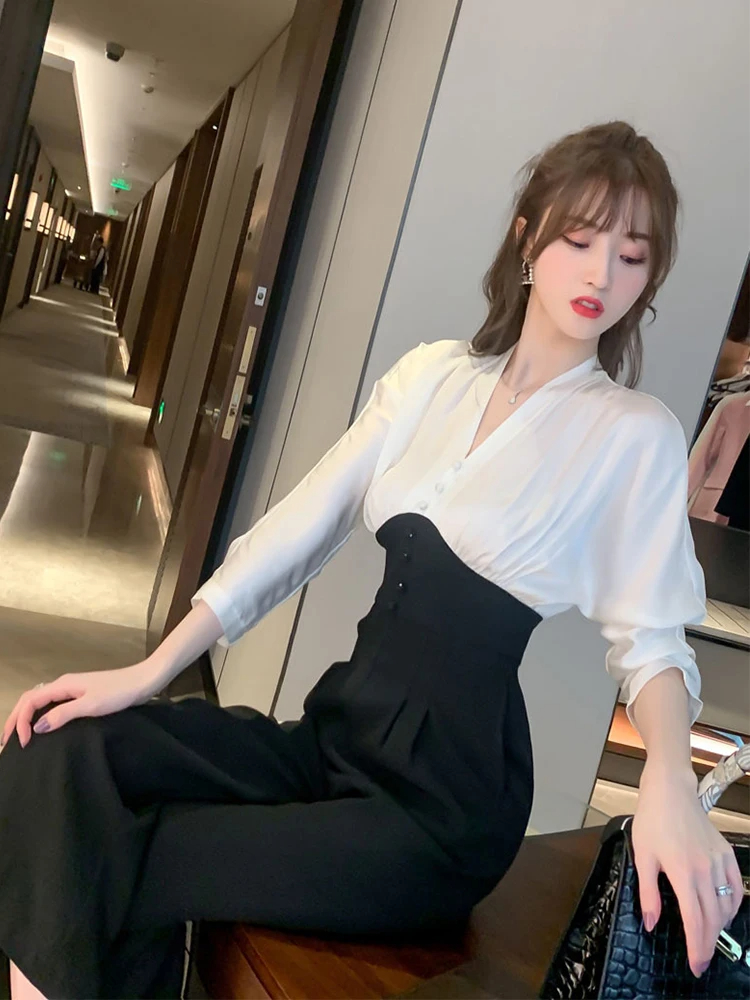 Women's Jumpsuits Satin Jumpsuit Women Black White Patchwork Long Sleeve High Waist Ankle Combinaison Femme Office Work Street Monos Mujer Spring 2024