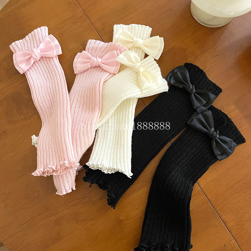 Fashion Women Knitted Bow Tie Fingerless Gloves Lolita Arm Sleeve Pink Girl Gothic Keep Warmer Long Gloves Kawaii Accessories