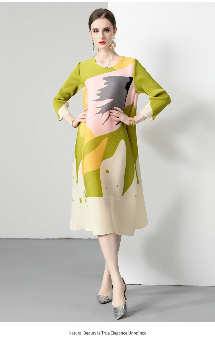 Vestidos casuais básicos dobra plissado verão vestido solto feminino outono grande o-pescoço impressão geométrica oversized moda vestidos longos robe 2024