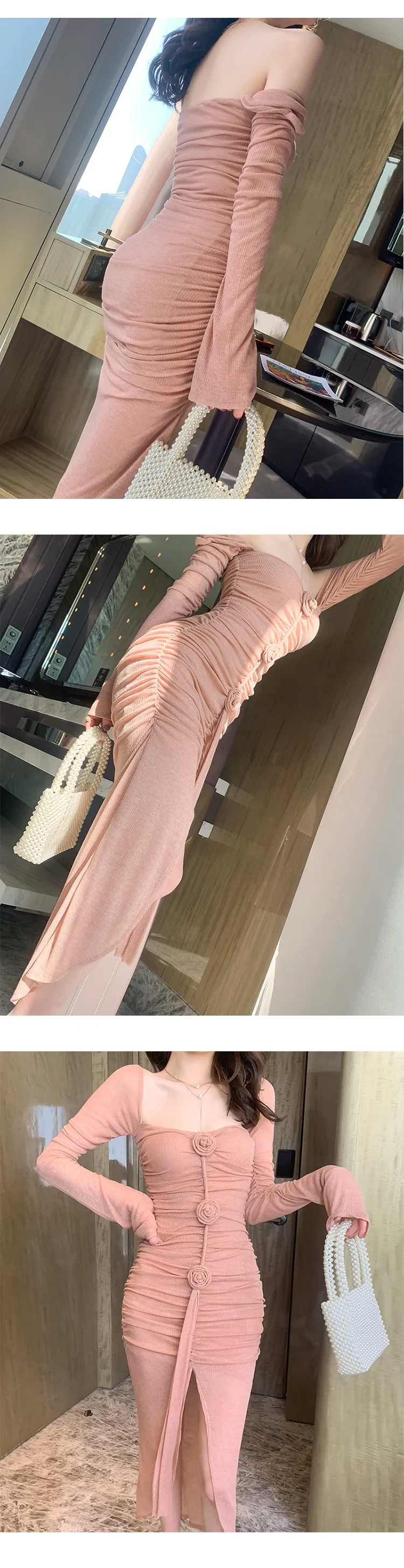 Grundläggande casual klänningar vårkvinnor midi klänning rosa romantik sexig söt chic långärmad rose fällor slits bodycon wrap robe party date girl vestido mujer 2024