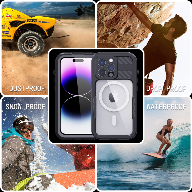 3-in-1 IP68 magnetische, wasserdichte, klare Handyhülle für iPhone 14 Pro Max, Outdoor-Sport, Seil, vollständig schützende, transparente Panzerschale, unterstützt kabelloses Laden