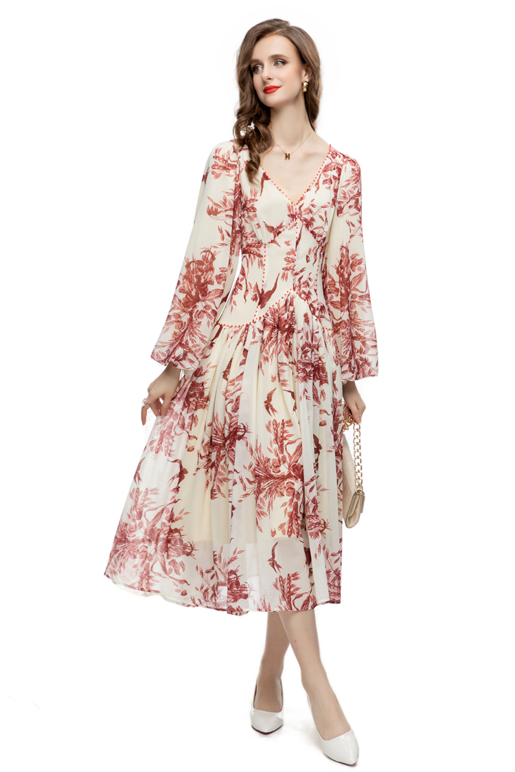 Women's Runway Dresses V Neck Long Lantern Sleeves Printed High Street Fashion Mid Calf Vestidos