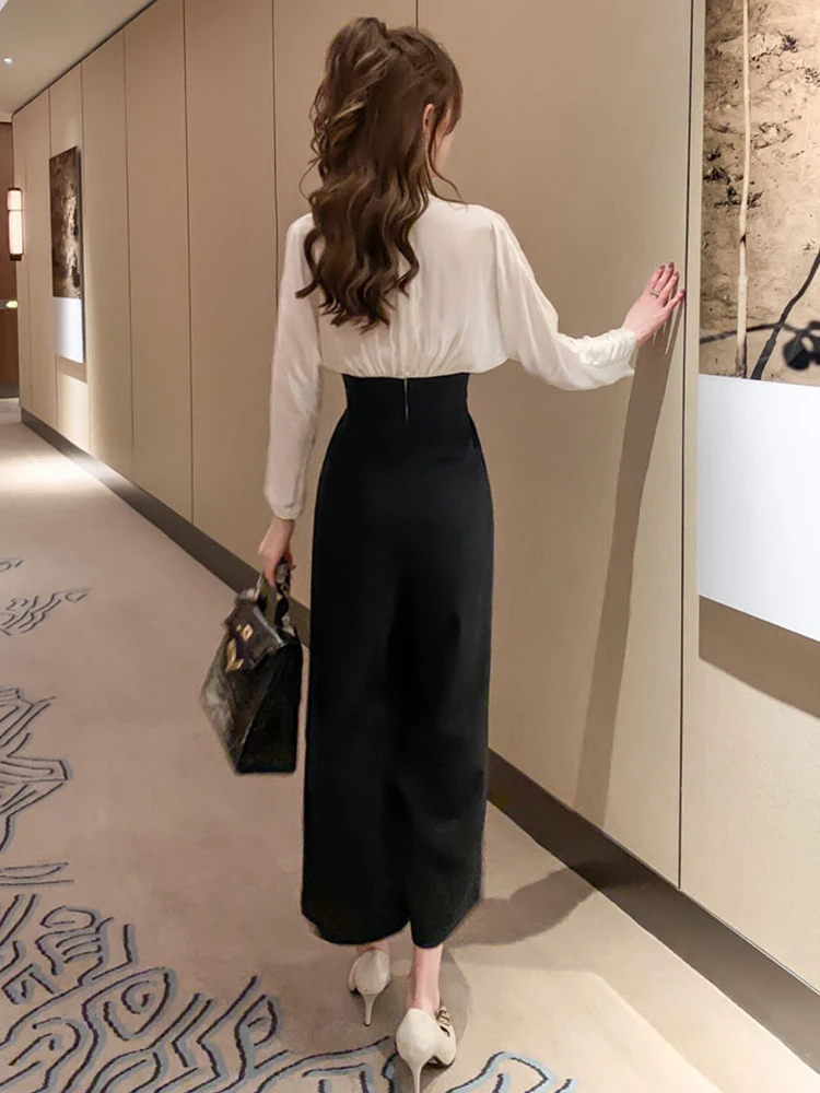 Women's Jumpsuits Satin Jumpsuit Women Black White Patchwork Long Sleeve High Waist Ankle Combinaison Femme Office Work Street Monos Mujer Spring 2024