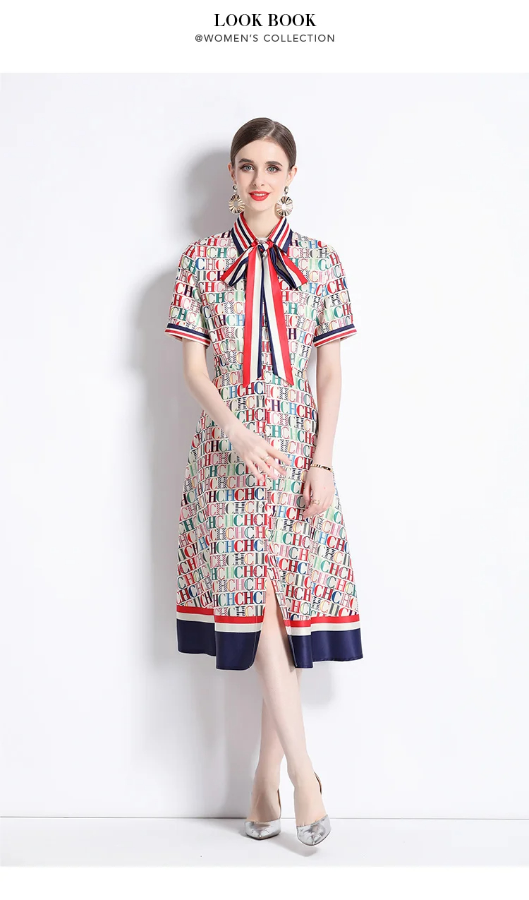 Basic Casual Dresses Summer Fashion Letter Print Runway Dress Women's Short Sleeve Lapel Stripe Belt Lace Up Office Lady Casual Midi Vestidos 2024