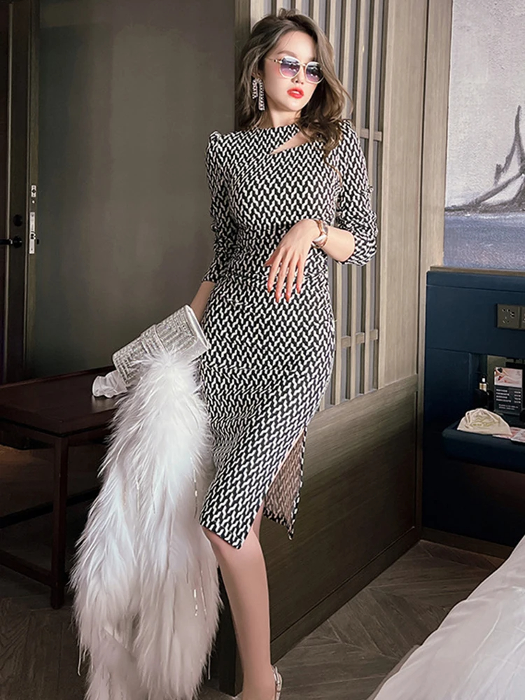 Basic Casual Dresses Fashion Elegant Office Women Dress O-neck Knee-Length Female Clothes Asymmetrical Hollow Plaid Split Bodycon Skinny Lady Dress 2024