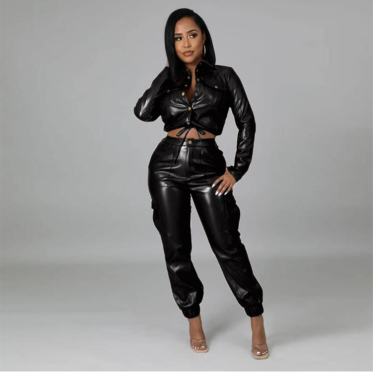 Women Tracksuits Girl's PU Leather Jackets And Pants Slim Fit Crop Tops And Trousers Set Skinny Tracksuit Ladies Jogging Hoodie Sets