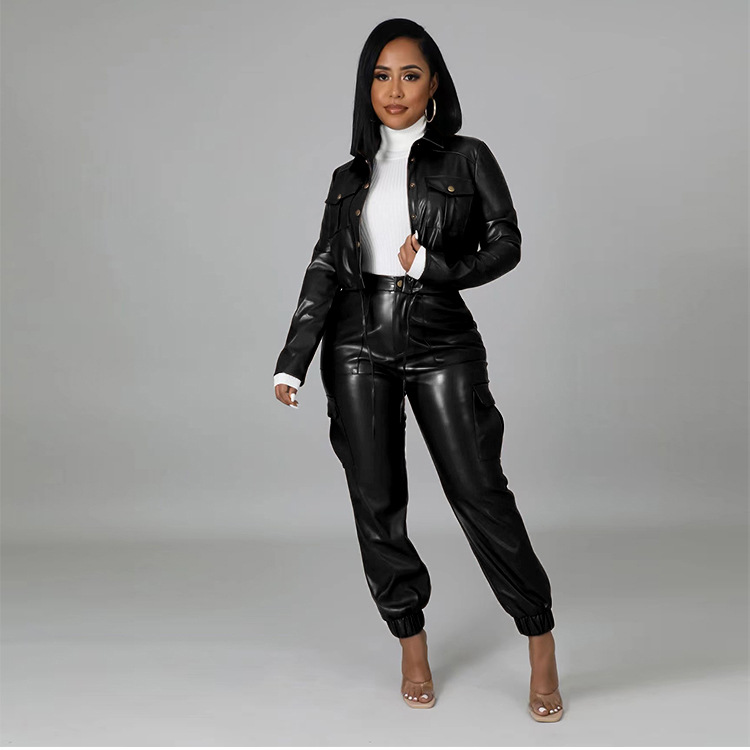 Women's Tracksuits Casual Solid Color Faux Leather Turn Down Collar Shirt Pants Two-piece Set V-Neck Elastic Waist jackets Trousers