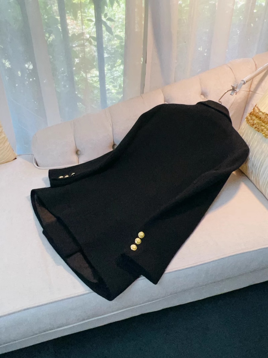 Blazer en laine Tweed de couleur unie, noir, manches longues, boutons à revers crantés, Double boutonnage, manteaux d'extérieur, automne 2023, A3O116562