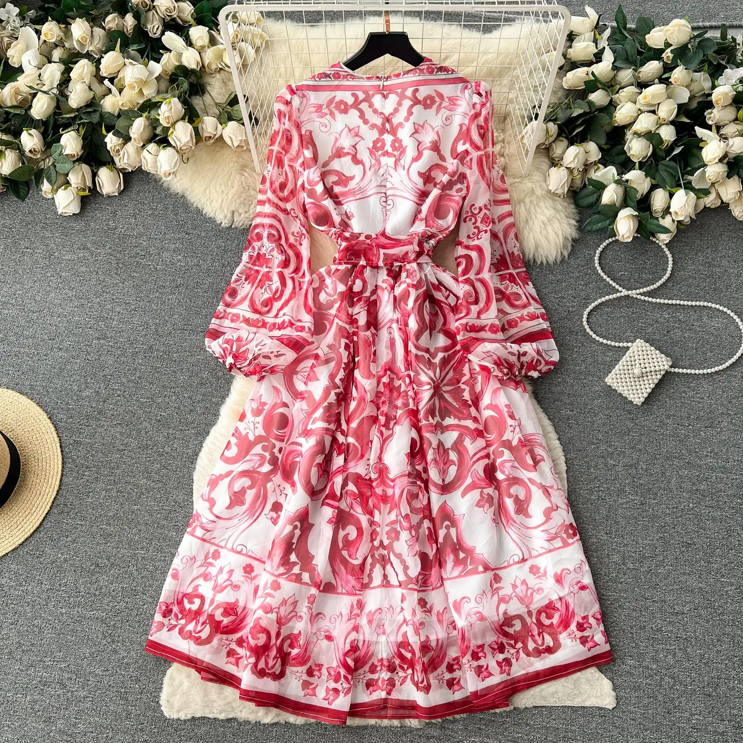 Basic Casual Dresses Runway Red Blue And White Porcelain Light Thin Slik Dress Women's O-Neck Long Sleeve Flower Print Belt Lace Up Holiday Dress 2024