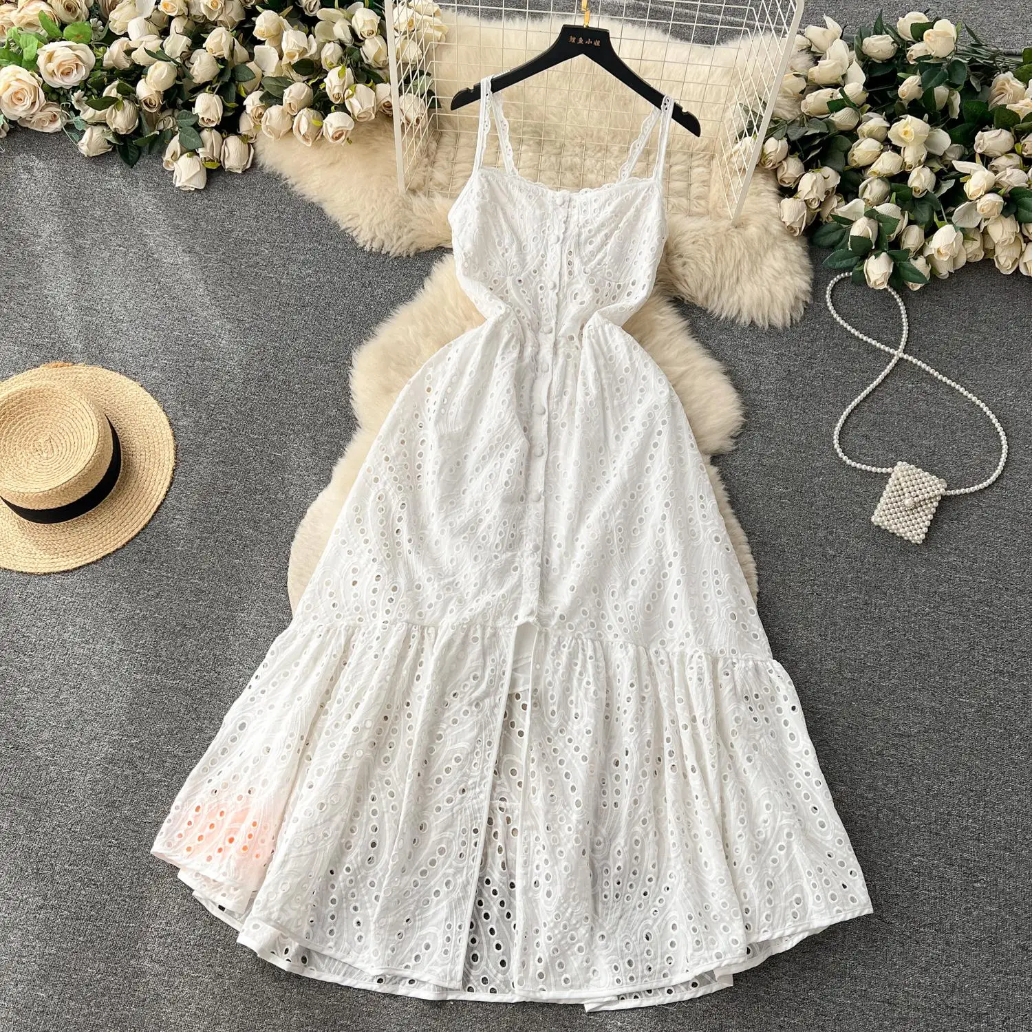 Basic Casual Dresses Summer Holiday Beach Sexy Hollow Out Embroidery Dress Women's Spaghetti Strap Single Breasted Ruffles Backless Long Vestidos 2024