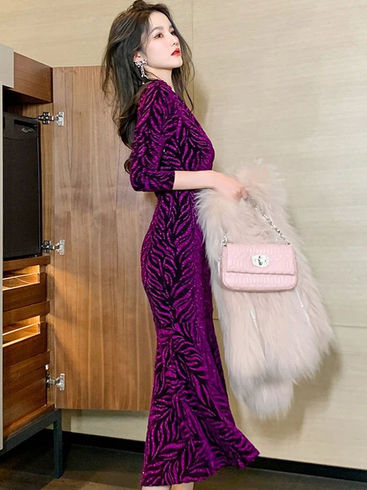 Basic Casual Dresses Jacquard Bright Silk Women Maxi Dress Retro Elegant Noble Long Sleeve Trumpet Robe Femme Evening Party Dress Celebrity Vestidos 2024