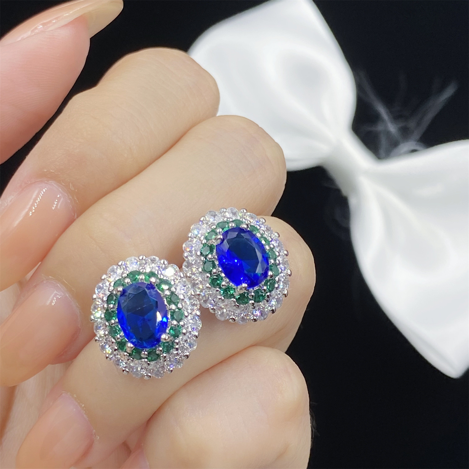 Women Wedding Jewelry Set Blue Crystal zircon Diamond Ring Pendant Necklace Earrings studs Girlfriends New Year Birthday Party Gift